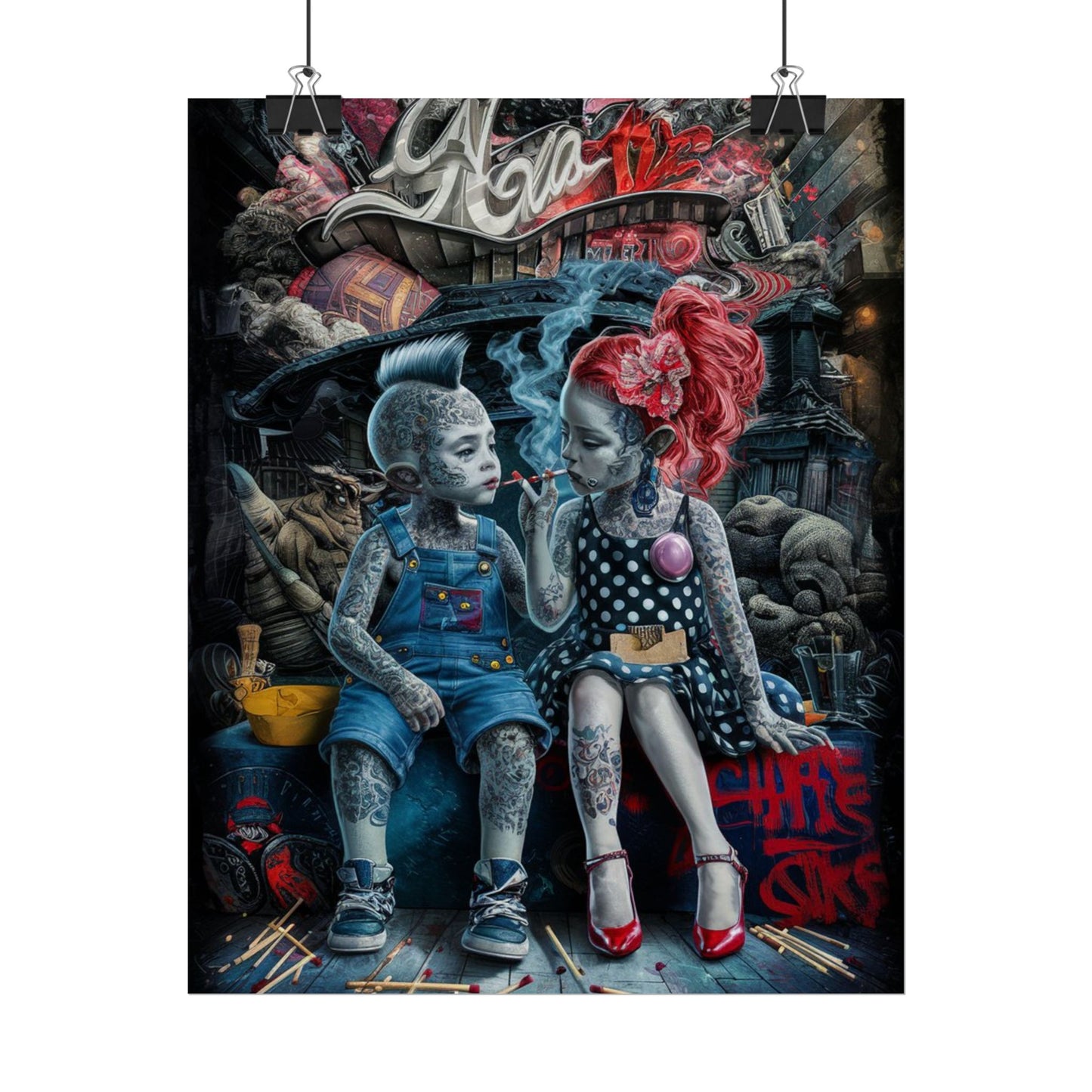 Young rebels, Vintage Punk Art Rolled Poster - Tattooed Kids Design