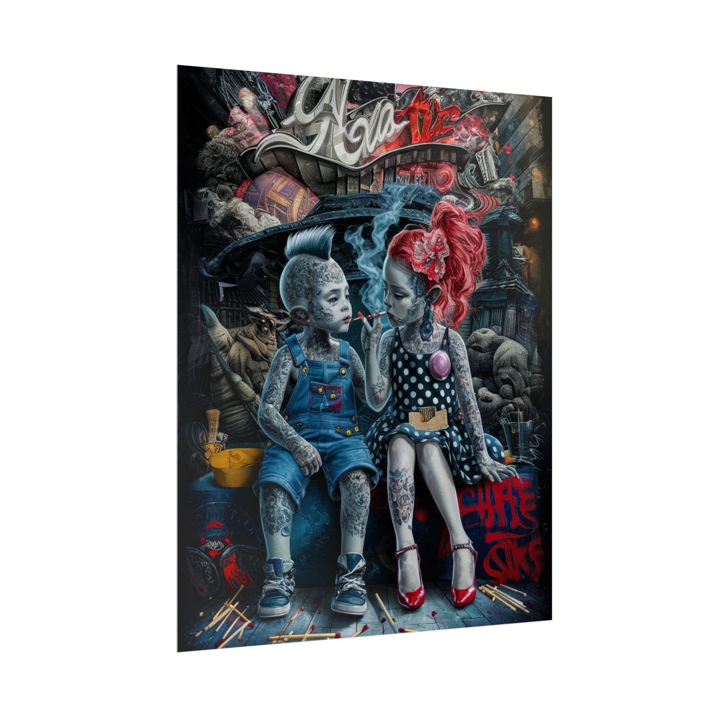 Young rebels, Vintage Punk Art Rolled Poster - Tattooed Kids Design