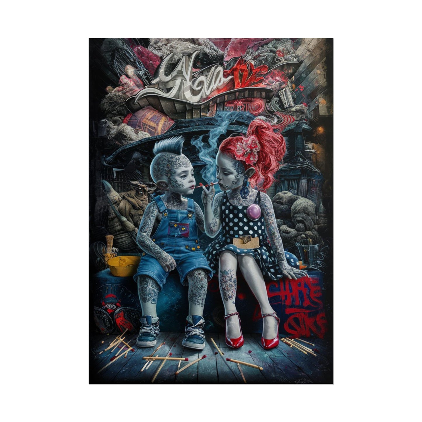Young rebels, Vintage Punk Art Rolled Poster - Tattooed Kids Design