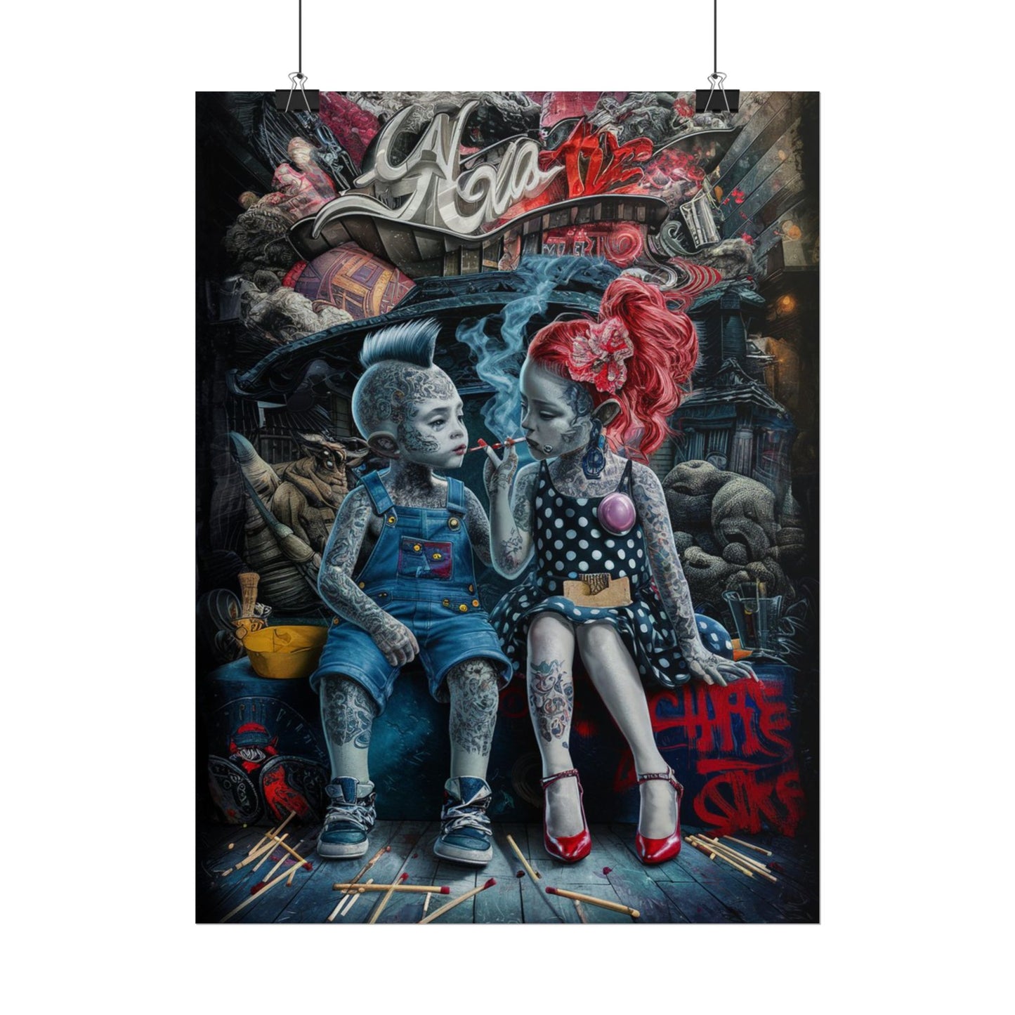 Young rebels, Vintage Punk Art Rolled Poster - Tattooed Kids Design