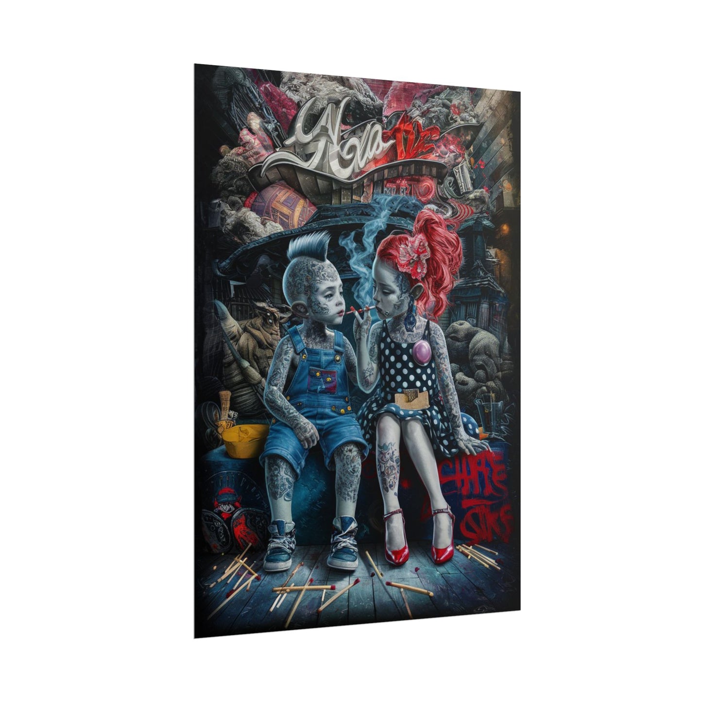 Young rebels, Vintage Punk Art Rolled Poster - Tattooed Kids Design