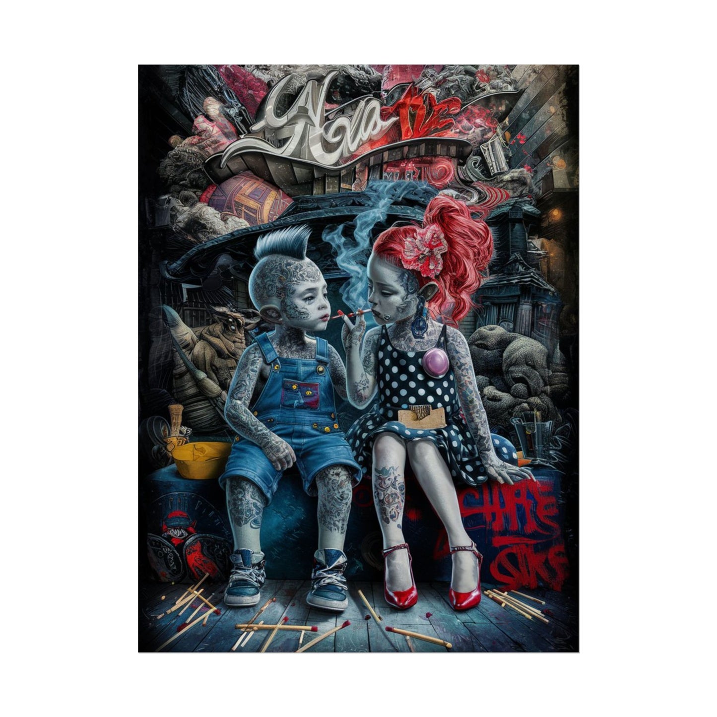 Young rebels, Vintage Punk Art Rolled Poster - Tattooed Kids Design