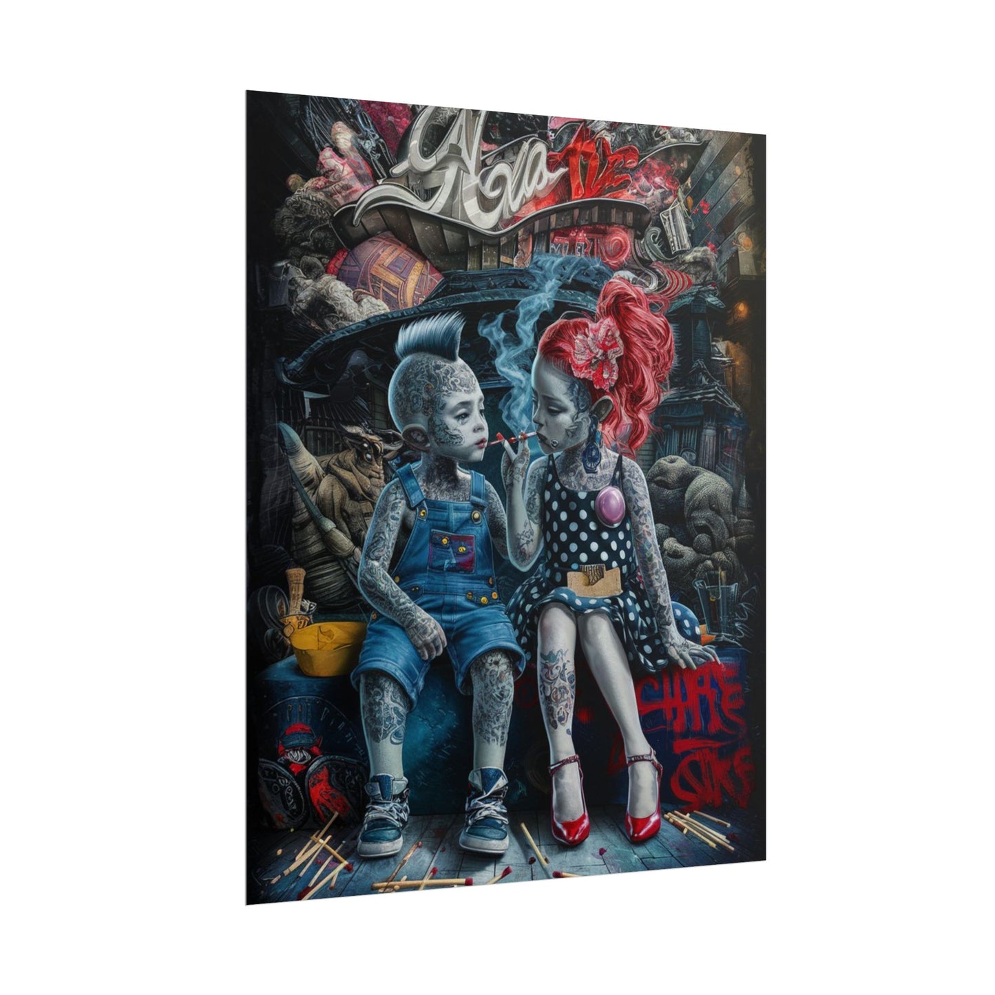 Young rebels, Vintage Punk Art Rolled Poster - Tattooed Kids Design
