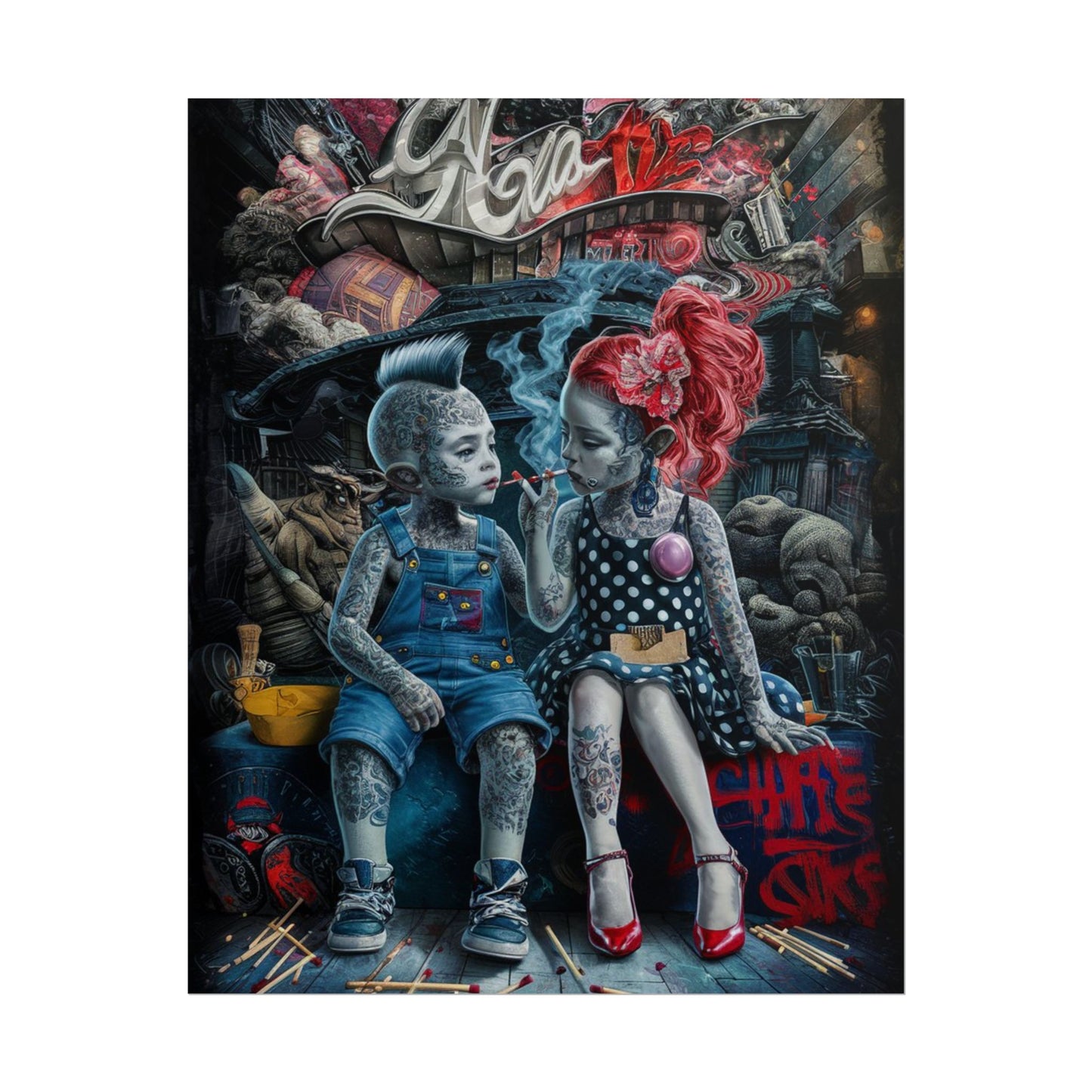 Young rebels, Vintage Punk Art Rolled Poster - Tattooed Kids Design