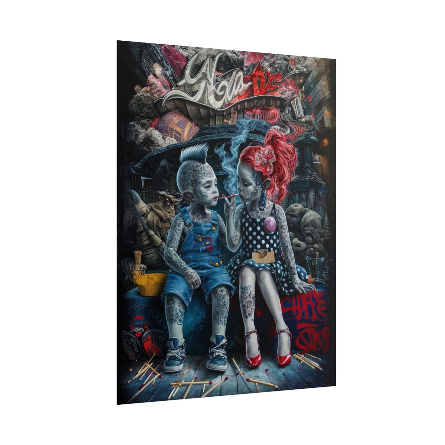 Young rebels, Vintage Punk Art Rolled Poster - Tattooed Kids Design