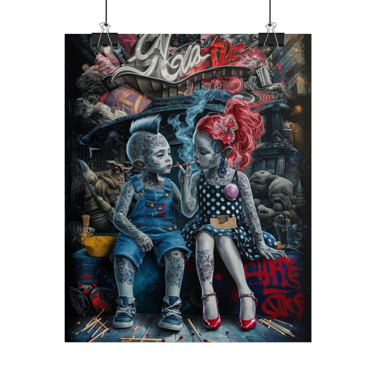 Young rebels, Vintage Punk Art Rolled Poster - Tattooed Kids Design
