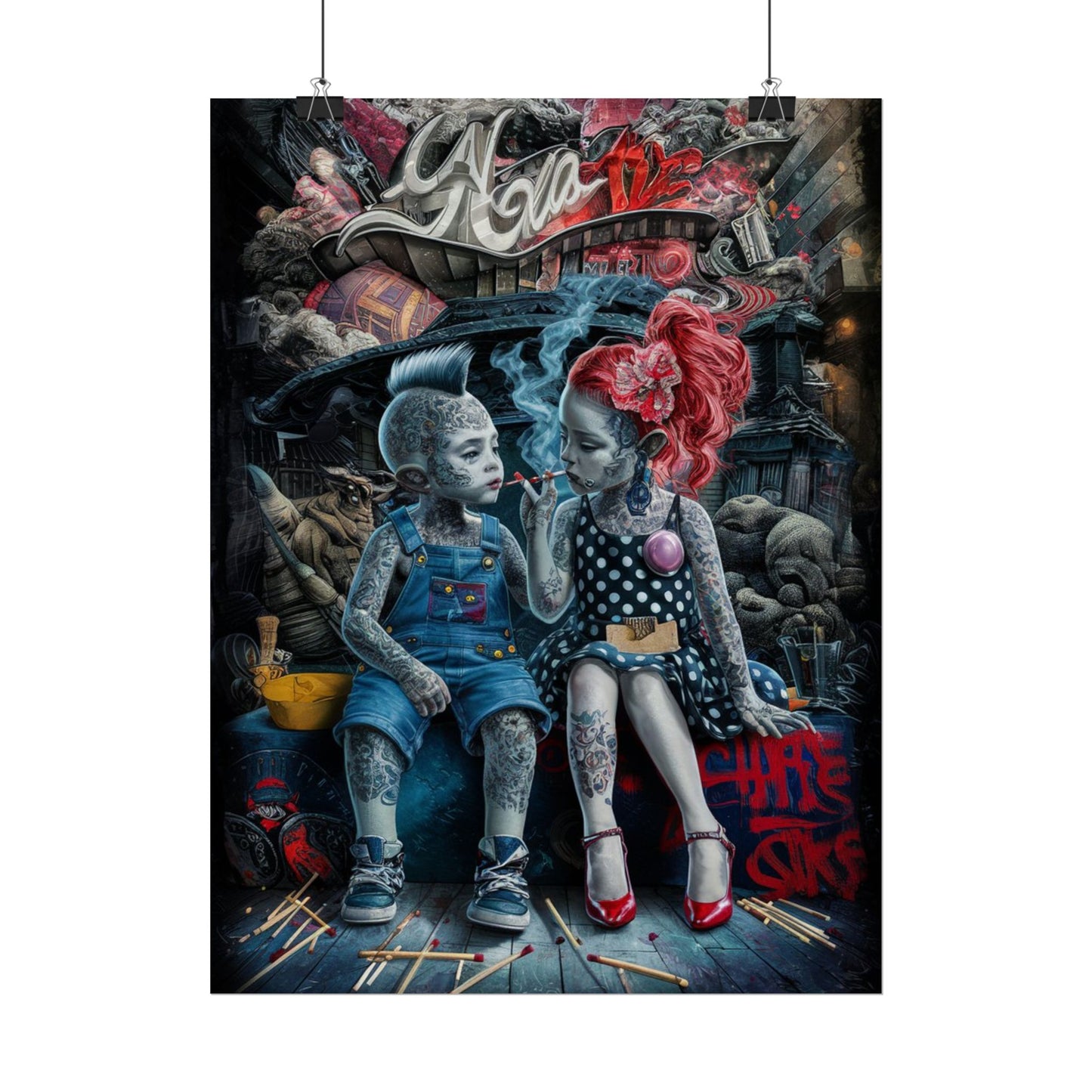 Young rebels, Vintage Punk Art Rolled Poster - Tattooed Kids Design