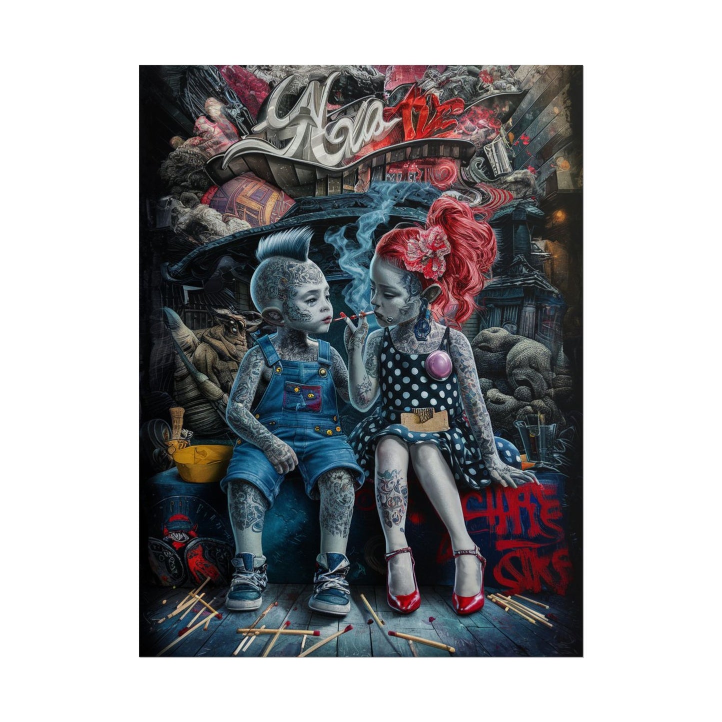 Young rebels, Vintage Punk Art Rolled Poster - Tattooed Kids Design