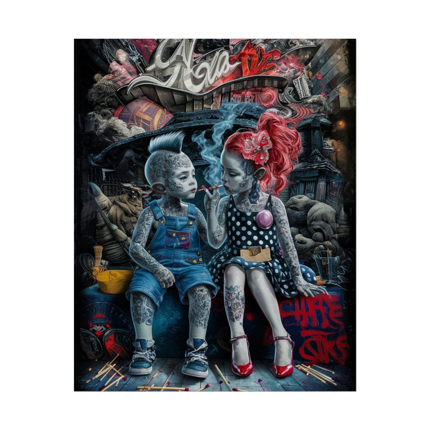 Young rebels, Vintage Punk Art Rolled Poster - Tattooed Kids Design