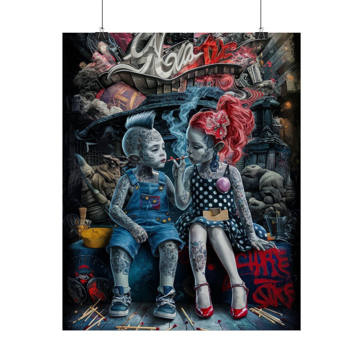 Young rebels, Vintage Punk Art Rolled Poster - Tattooed Kids Design