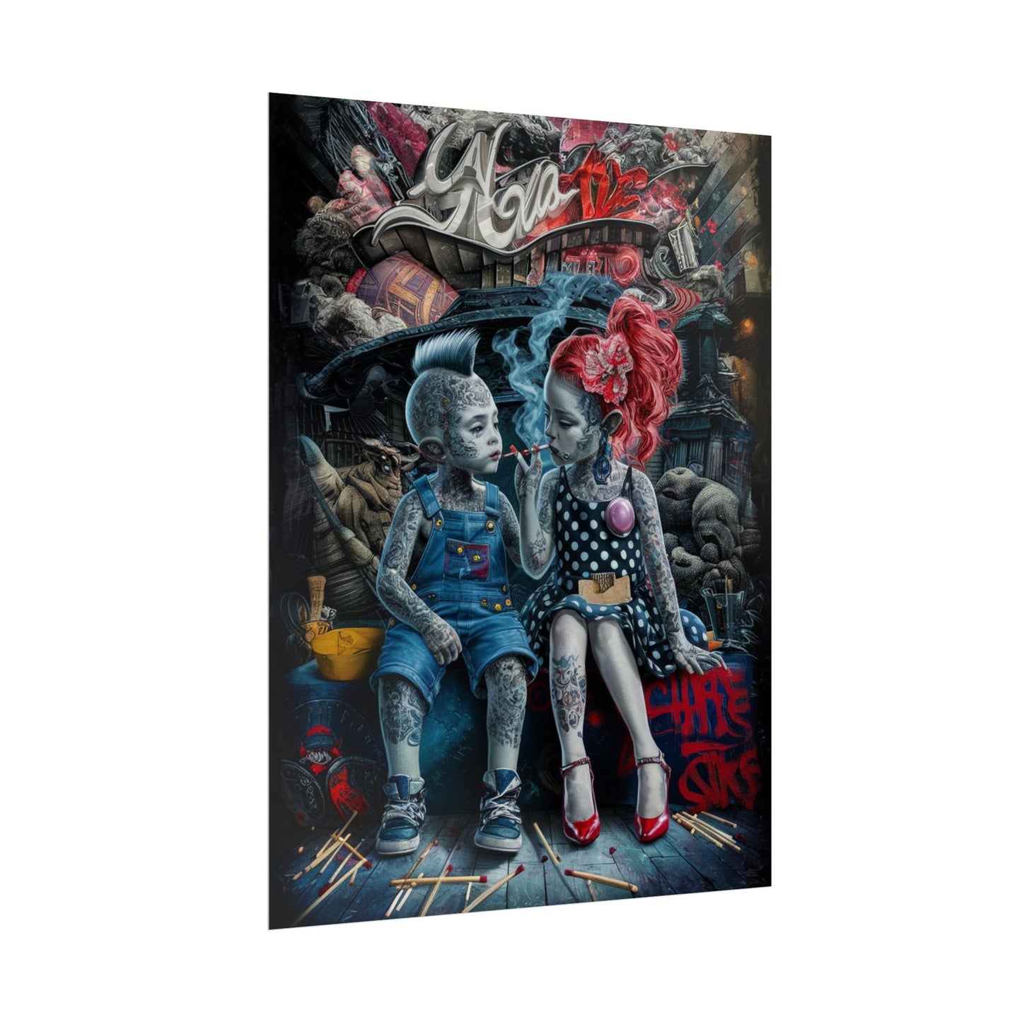 Young rebels, Vintage Punk Art Rolled Poster - Tattooed Kids Design